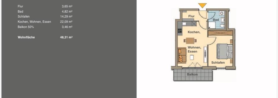 Etagenwohnung Schweinfurt Bellevue - 2 Zimmer, 48 m&sup2;, 820&euro; | Angebot:26682596