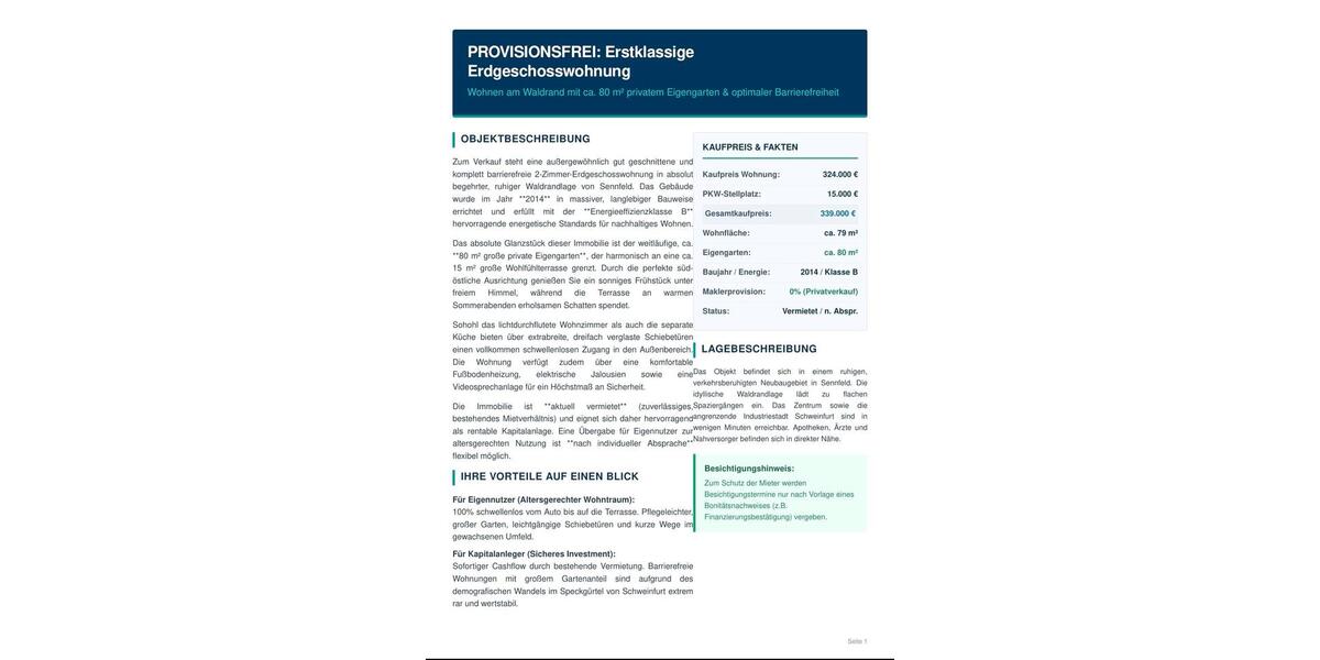 Erdgeschoßwohnung Sennfeld - 2 Zimmer, 79 m&sup2;, 324.000&euro; | Angebot:26697408